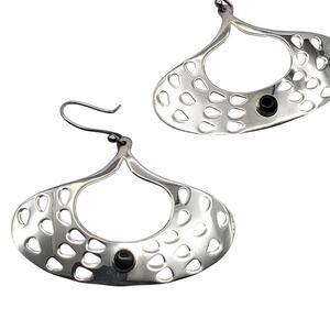 Taxco Earrings 925 Sterling Silver Black Onyx Openwork Dangle Mexico Pierced Vtg